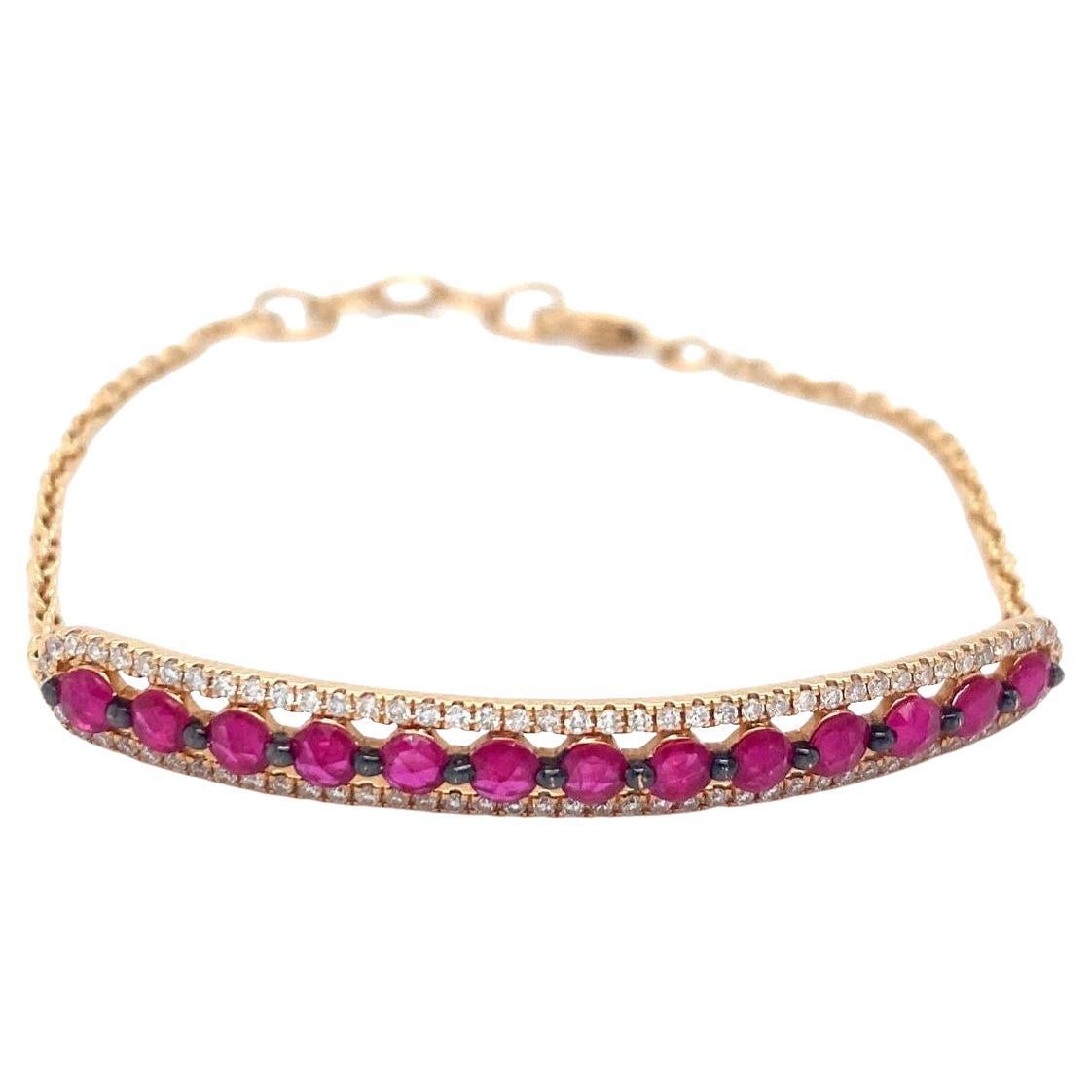 18k Yellow Gold & Red / Pink Gemstone Chain Bracelet w/ Diamond Accents, Size 7