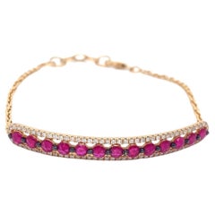 Bracelet chaîne en or jaune 18 carats avec pierres précieuses rouges et roses et accents de diamants, taille 7