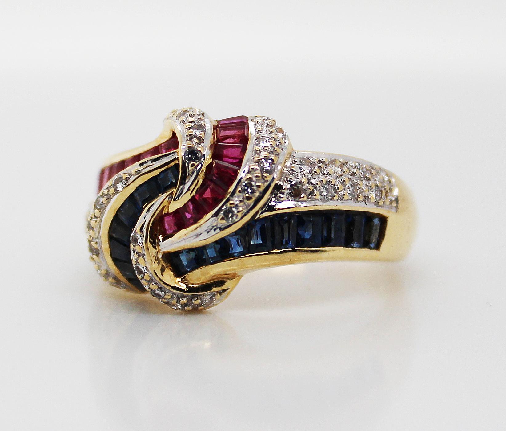 Contemporary 18 Karat Yellow Gold Red Ruby Blue Sapphire Diamond Knot Statement Ring