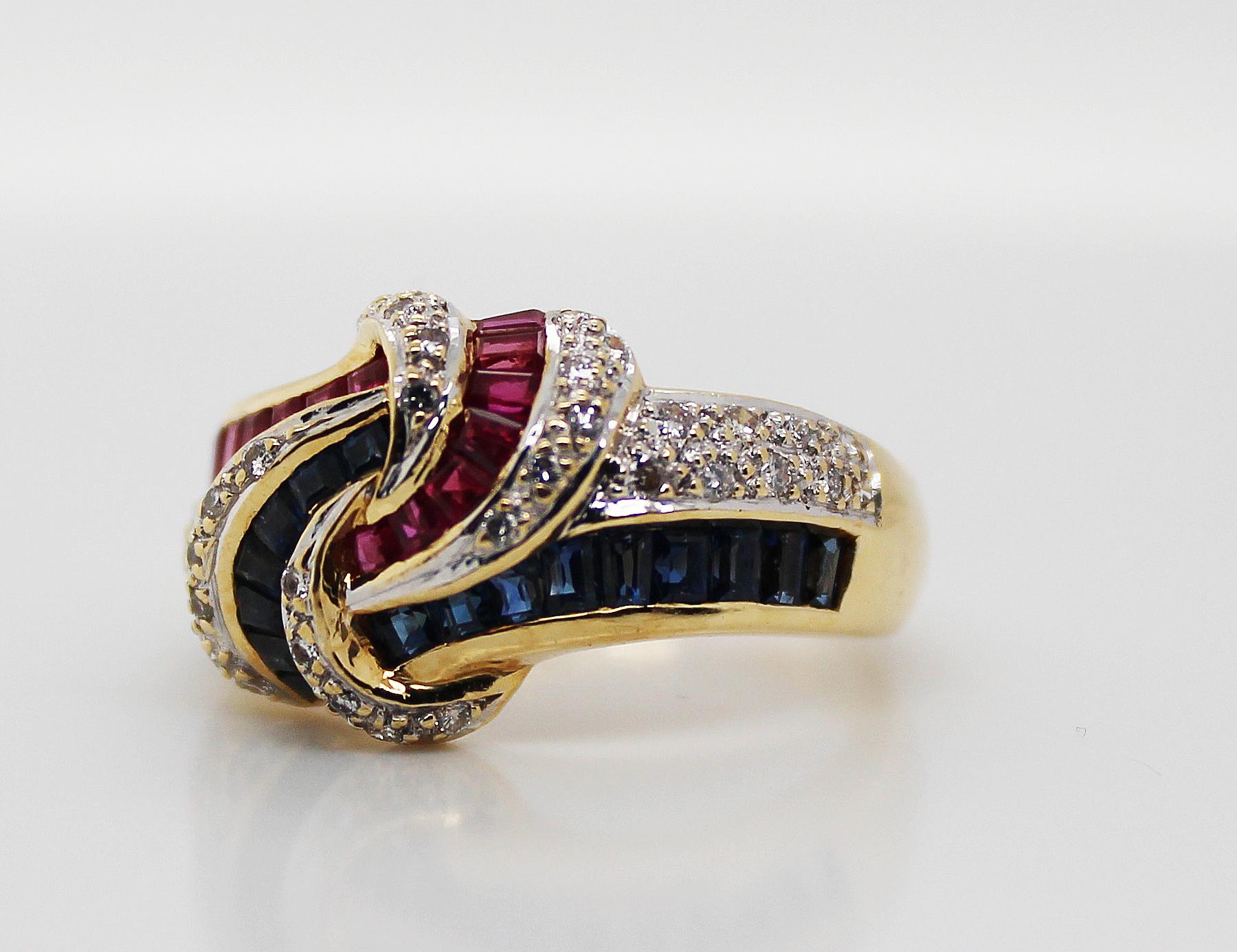 French Cut 18 Karat Yellow Gold Red Ruby Blue Sapphire Diamond Knot Statement Ring