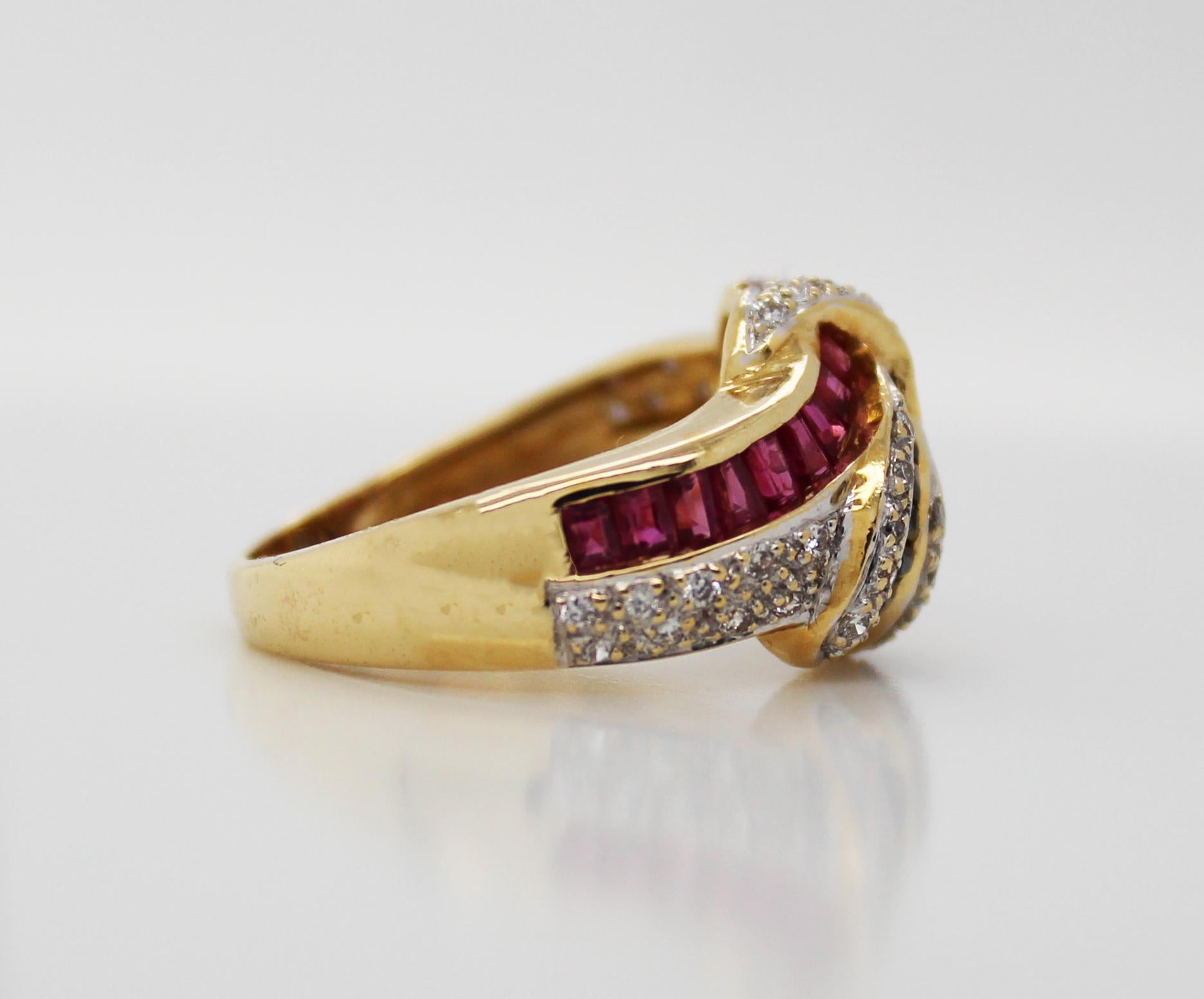 18 Karat Yellow Gold Red Ruby Blue Sapphire Diamond Knot Statement Ring In Excellent Condition In Lexington, KY