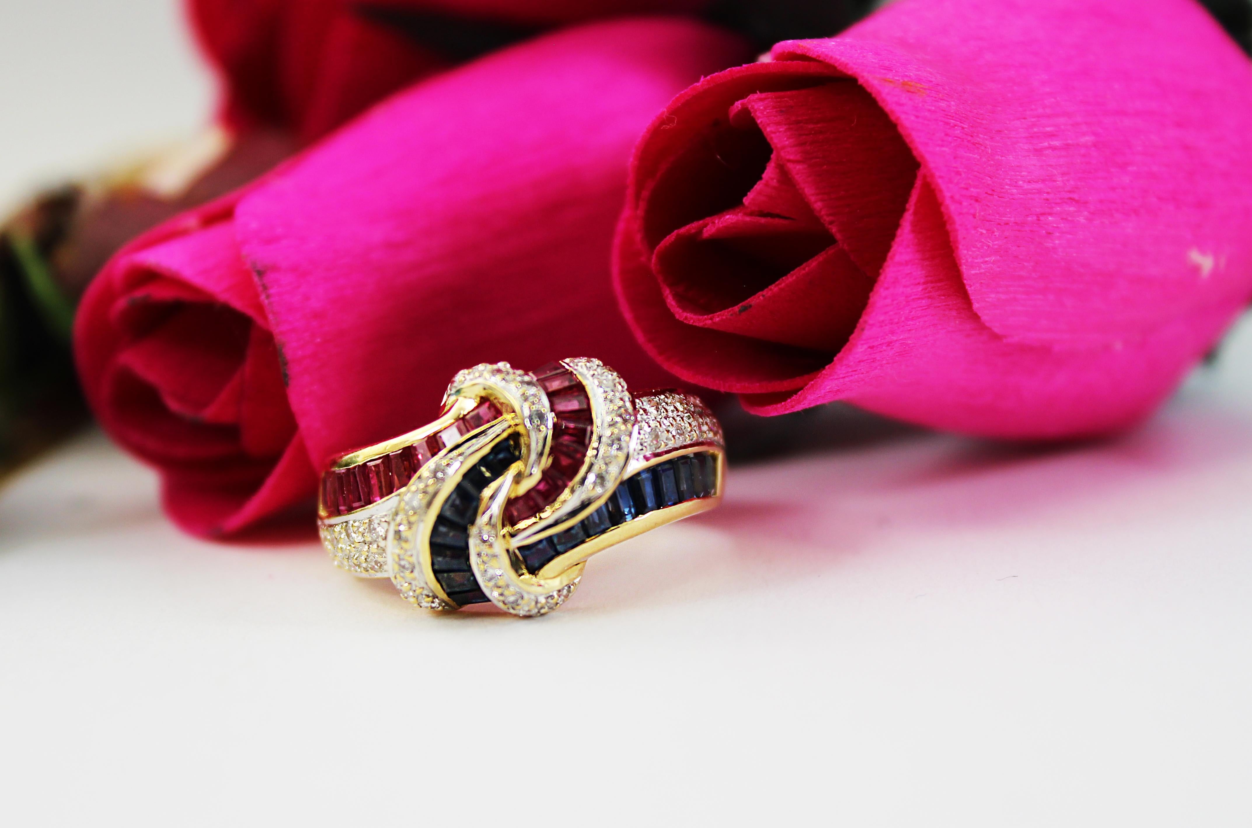 Women's 18 Karat Yellow Gold Red Ruby Blue Sapphire Diamond Knot Statement Ring