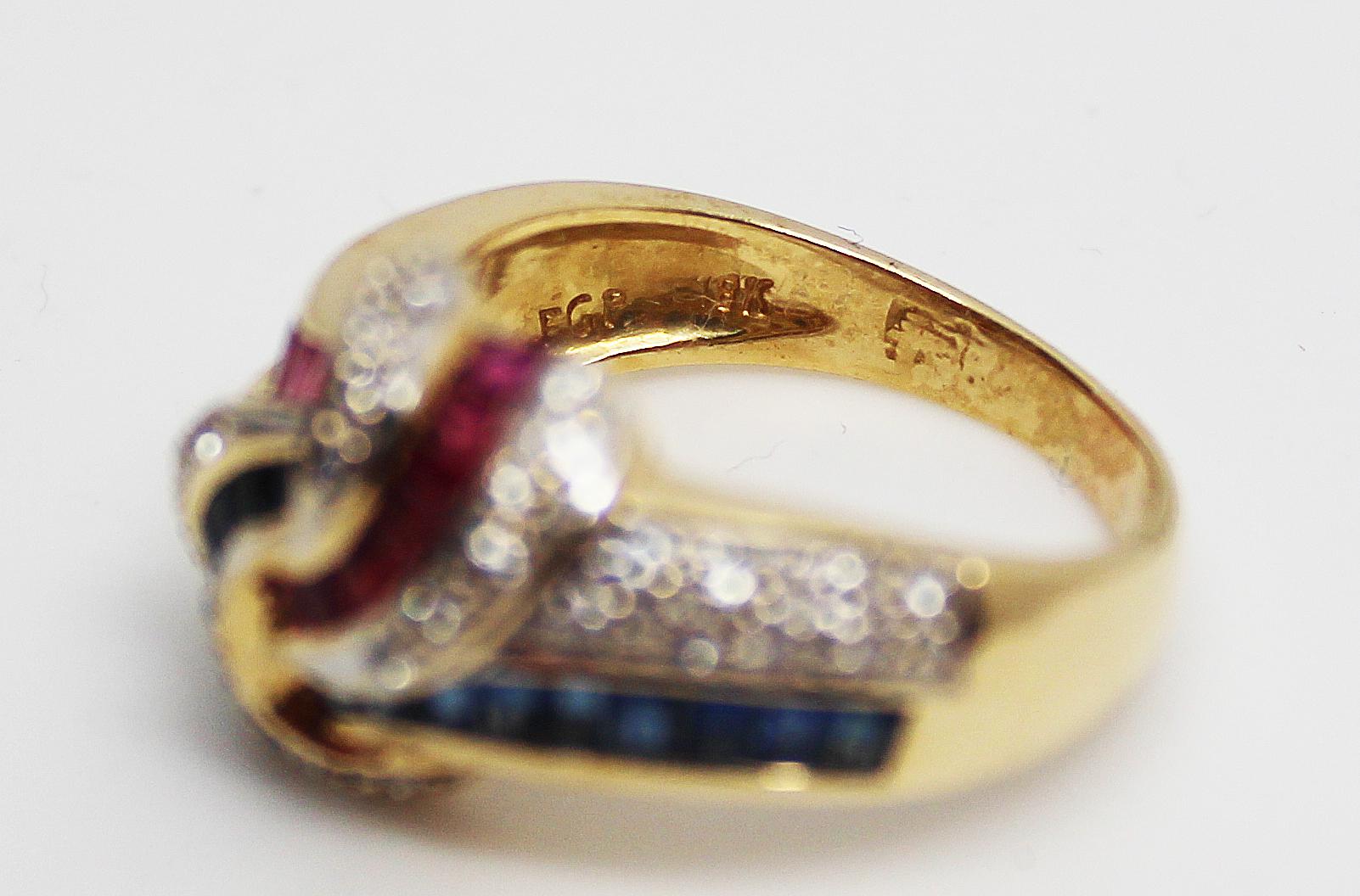 18 Karat Yellow Gold Red Ruby Blue Sapphire Diamond Knot Statement Ring 1