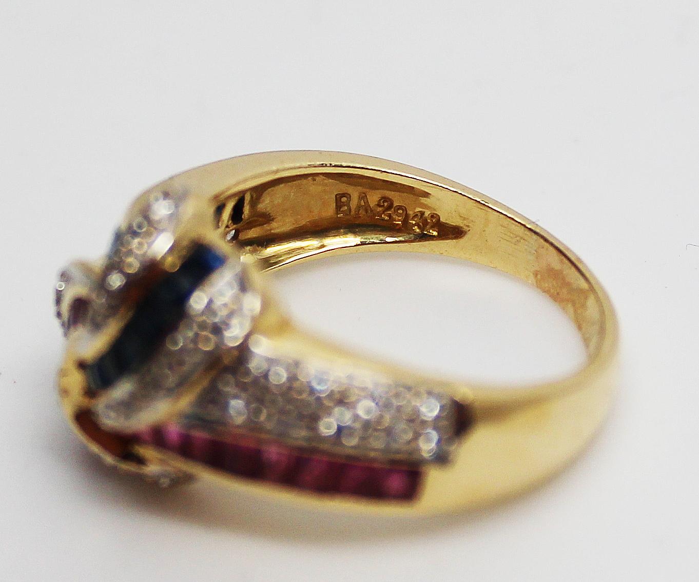 18 Karat Yellow Gold Red Ruby Blue Sapphire Diamond Knot Statement Ring 2