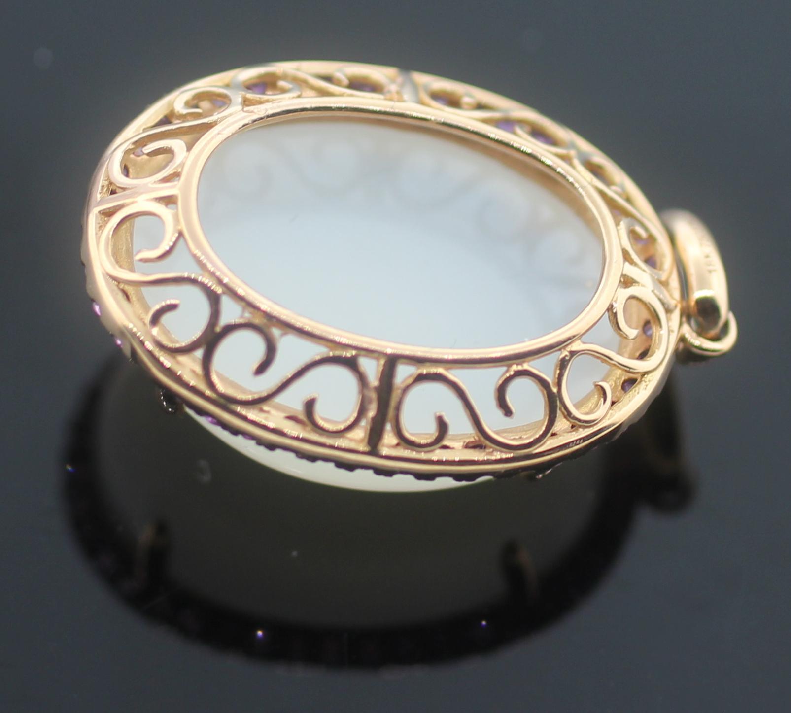 Modern 18k Yellow Gold Red Saphire Moonstone Pendant For Sale