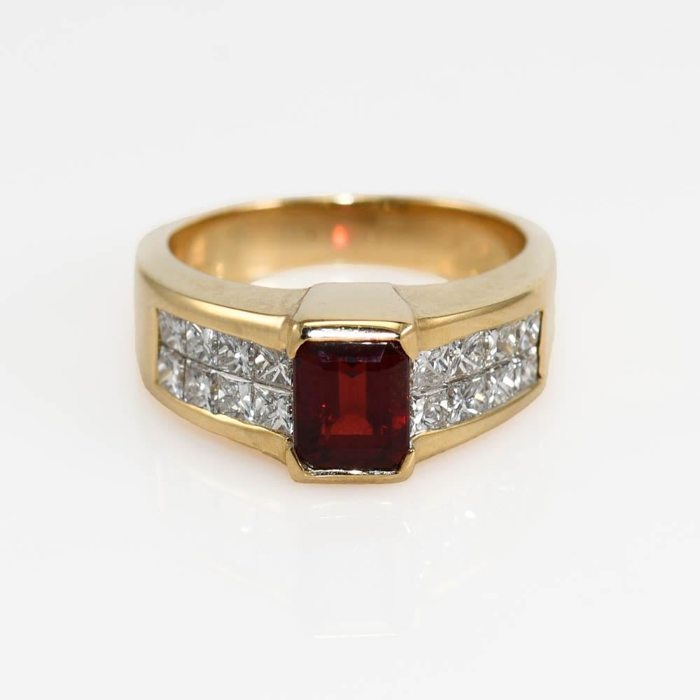 Femenino o masculino Anillo de oro amarillo de 18 quilates con diamante espinela roja 0,75 ct