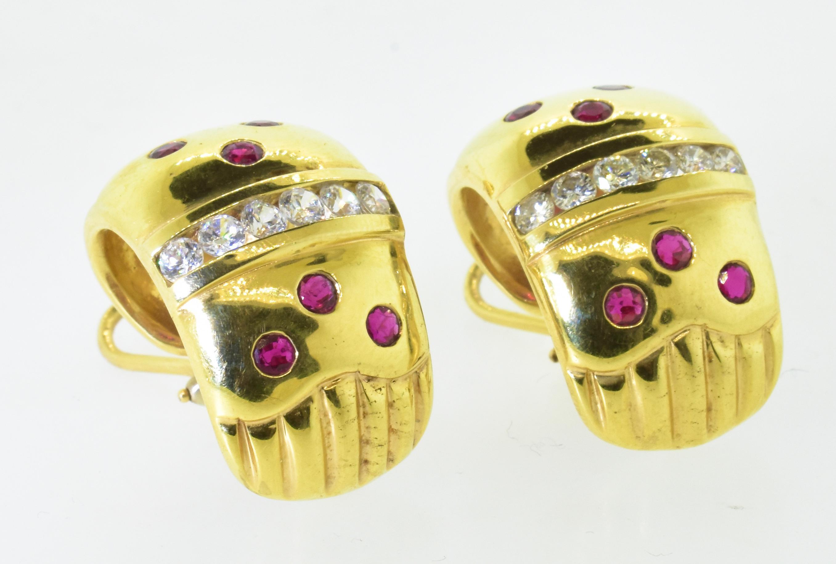 18k Yellow Gold Fine Retro Vivid Ruby and White Diamond Vintage Earrings For Sale 1