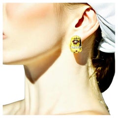 18 Karat Gelbgold feine Retro Vivid Rubin und weißer Diamant Vintage Ohrringe