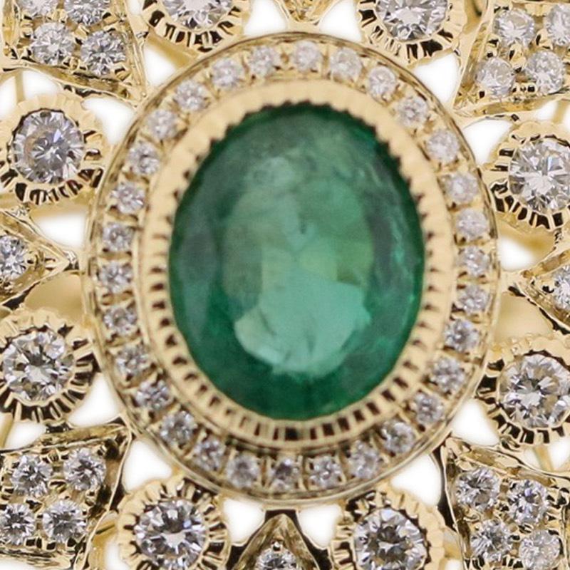18K Yellow Gold Retro Style Oval Emerald & Diamond Ring in Florentine Finish 2