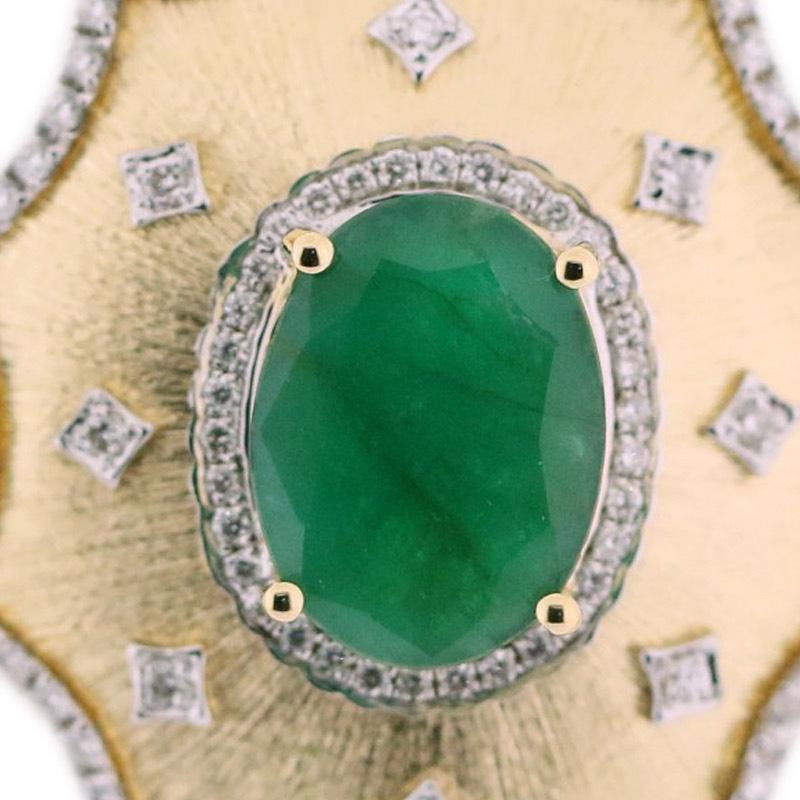 18K Yellow Gold Retro Style Oval Emerald & Diamond Ring in Florentine Finish 2