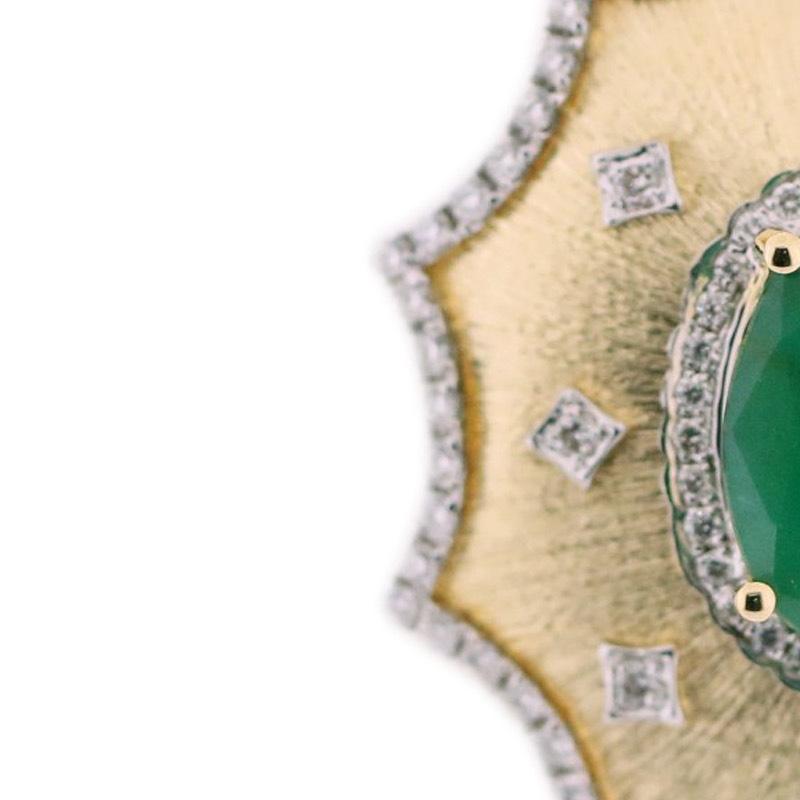 18K Yellow Gold Retro Style Oval Emerald & Diamond Ring in Florentine Finish 3