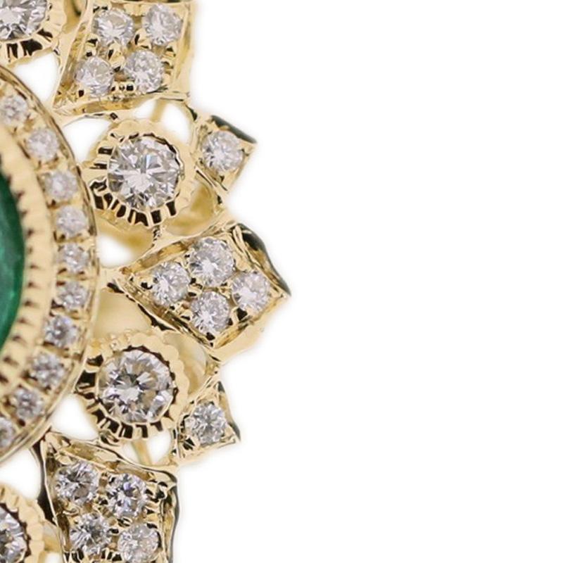 18K Yellow Gold Retro Style Oval Emerald & Diamond Ring in Florentine Finish 4