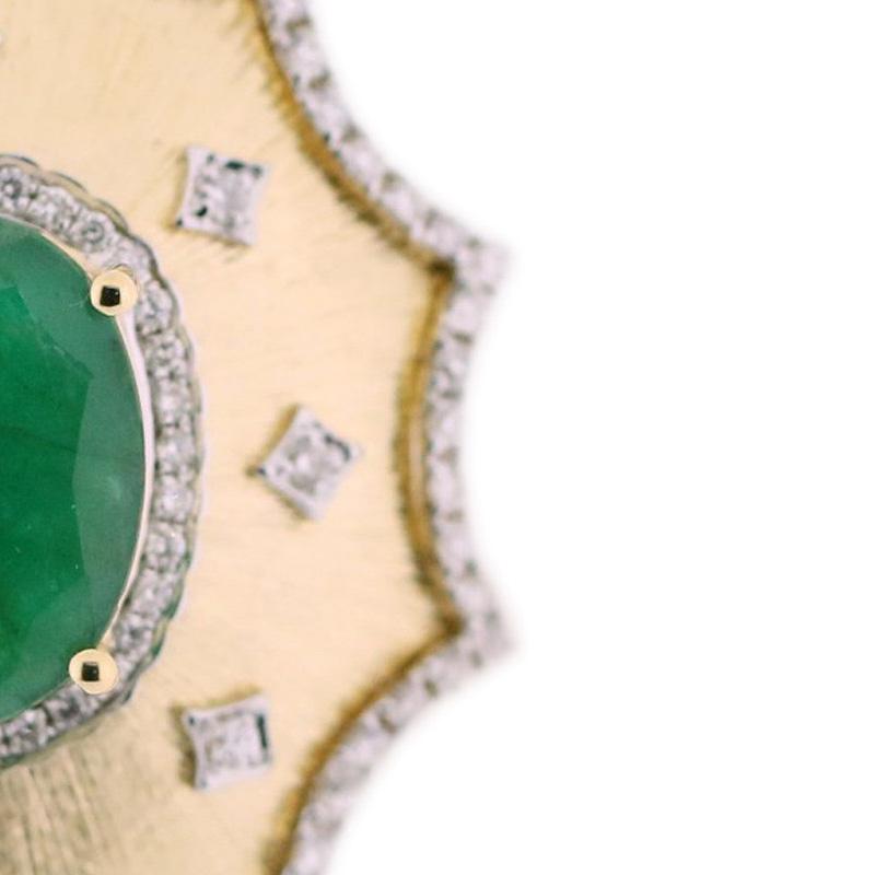 18K Yellow Gold Retro Style Oval Emerald & Diamond Ring in Florentine Finish 4