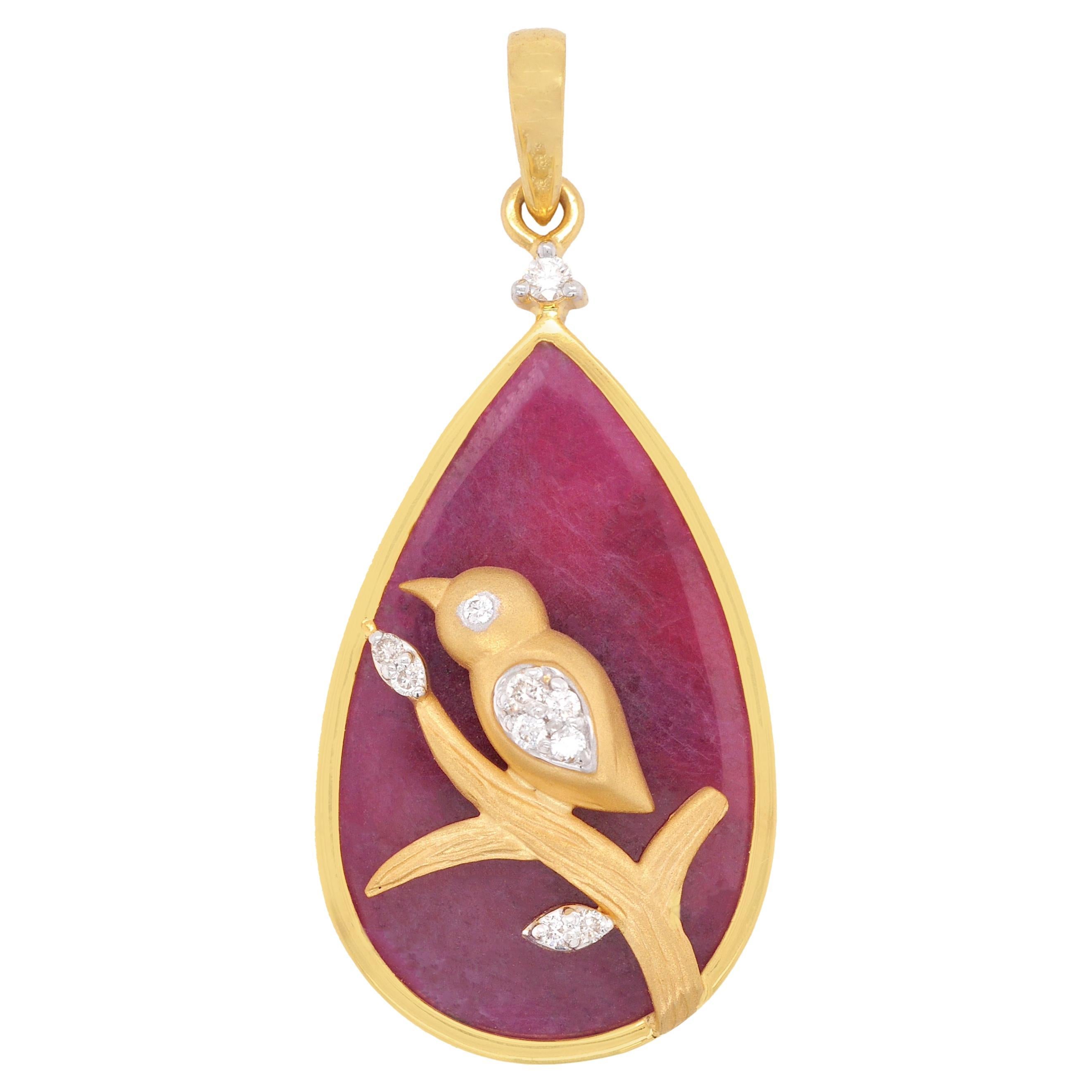 18K Yellow Gold Reversible Natural African Ruby Diamond Bird Pendant Necklace For Sale