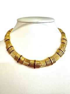 18K Yellow Gold Ribbed Collar Necklace with Diamonds and Rubies