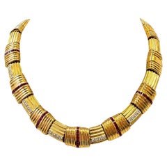 18K Yellow Gold Ribbed Collar Necklace with Diamonds and Rubies