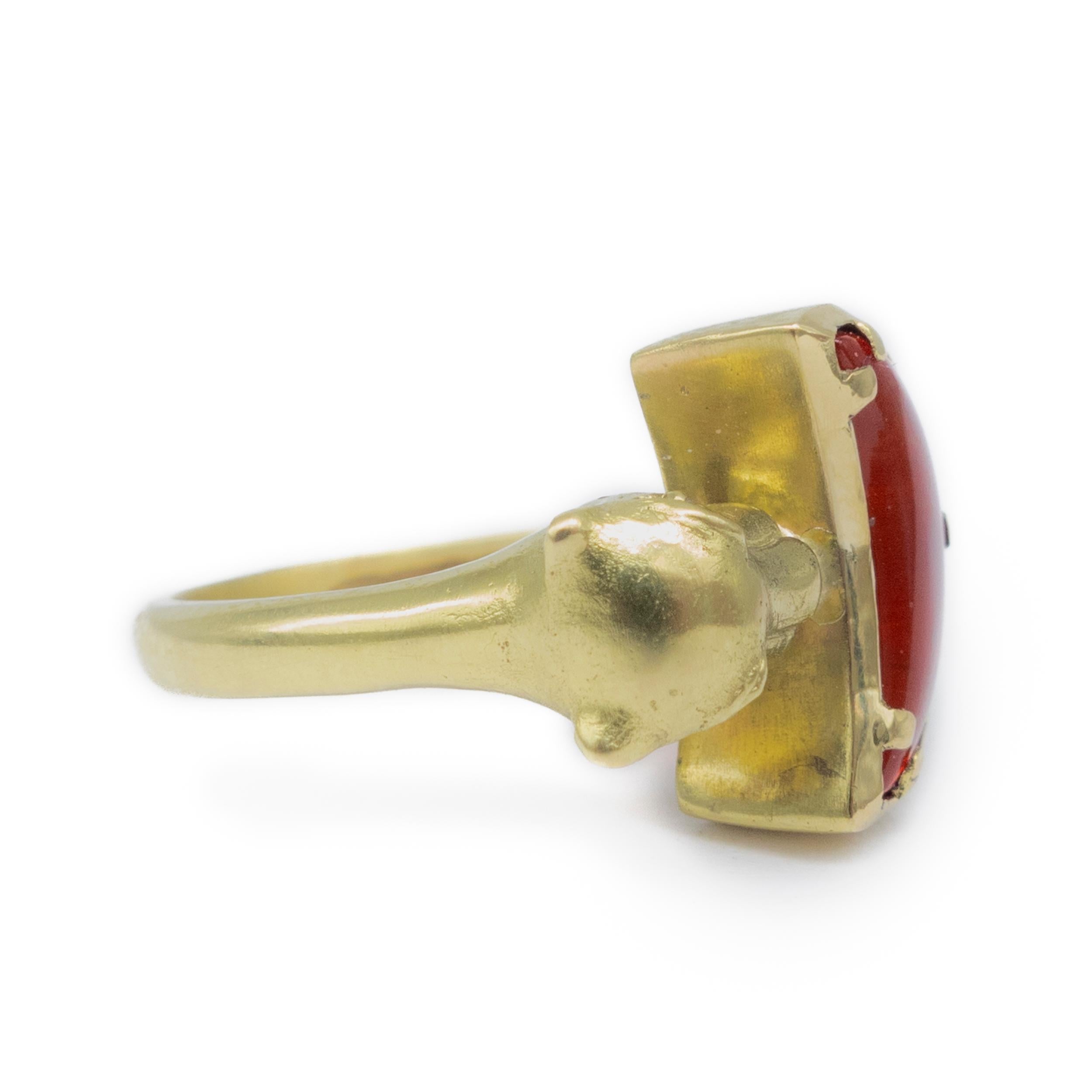 Modern 18k Yellow Gold Ring 1.8ct Fire Opal Crescent Moon Diamond Accents Lionesses For Sale