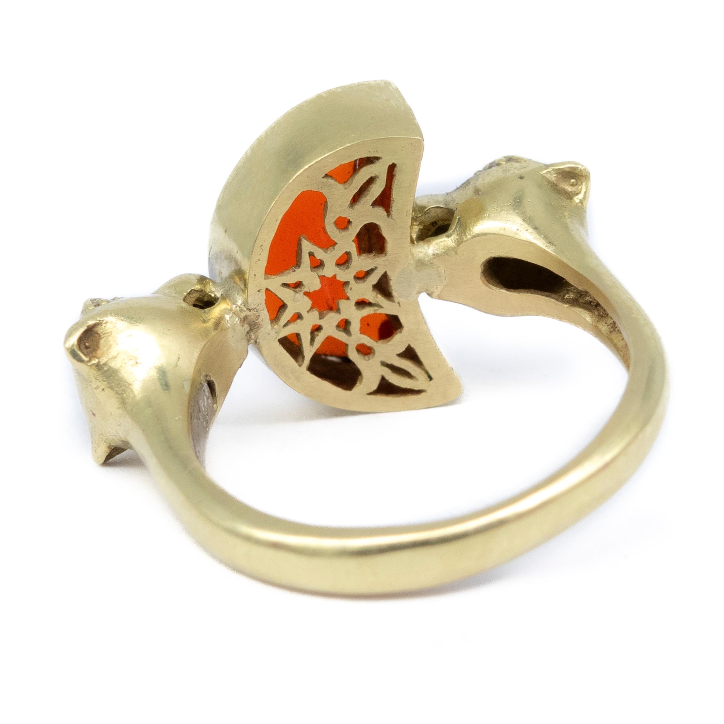 Women's or Men's 18k Yellow Gold Ring 1.8ct Fire Opal Crescent Moon Diamond Accents Lionesses For Sale