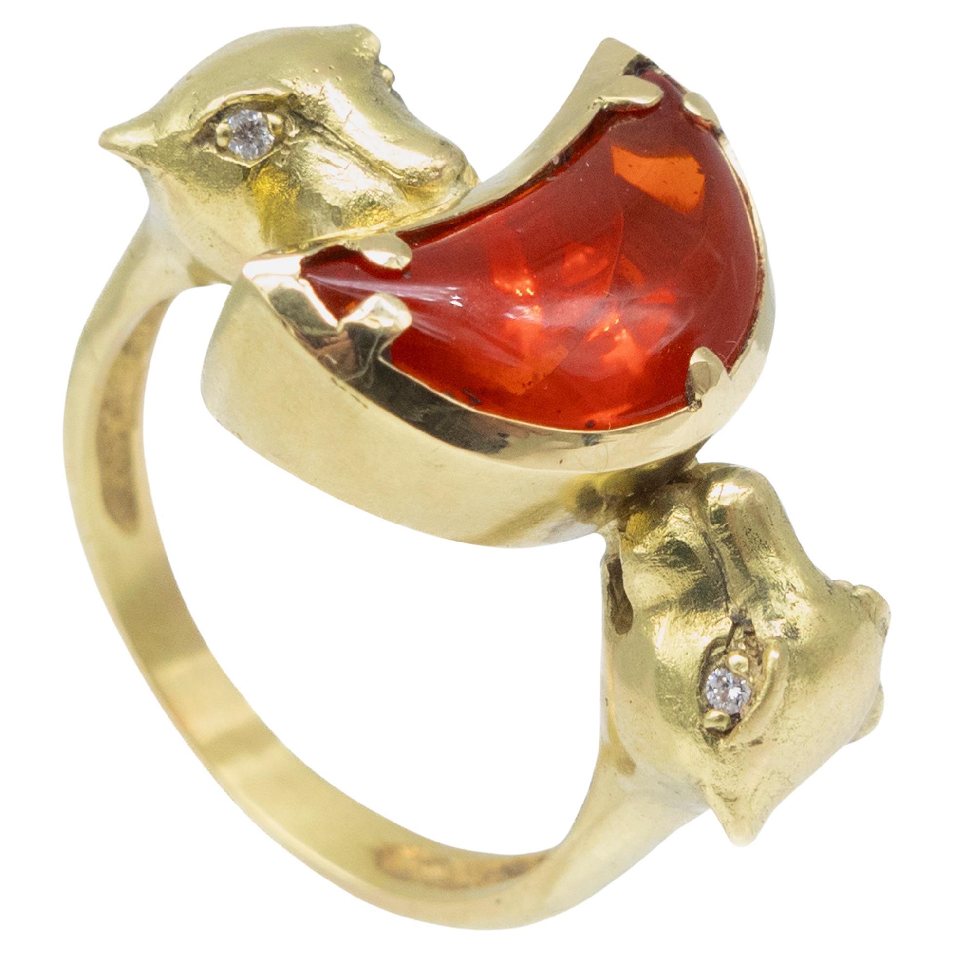 18k Yellow Gold Ring 1.8ct Fire Opal Crescent Moon Diamond Accents Lionesses For Sale