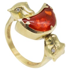 18k Yellow Gold Ring 1.8ct Fire Opal Crescent Moon Diamond Accents Lionesses