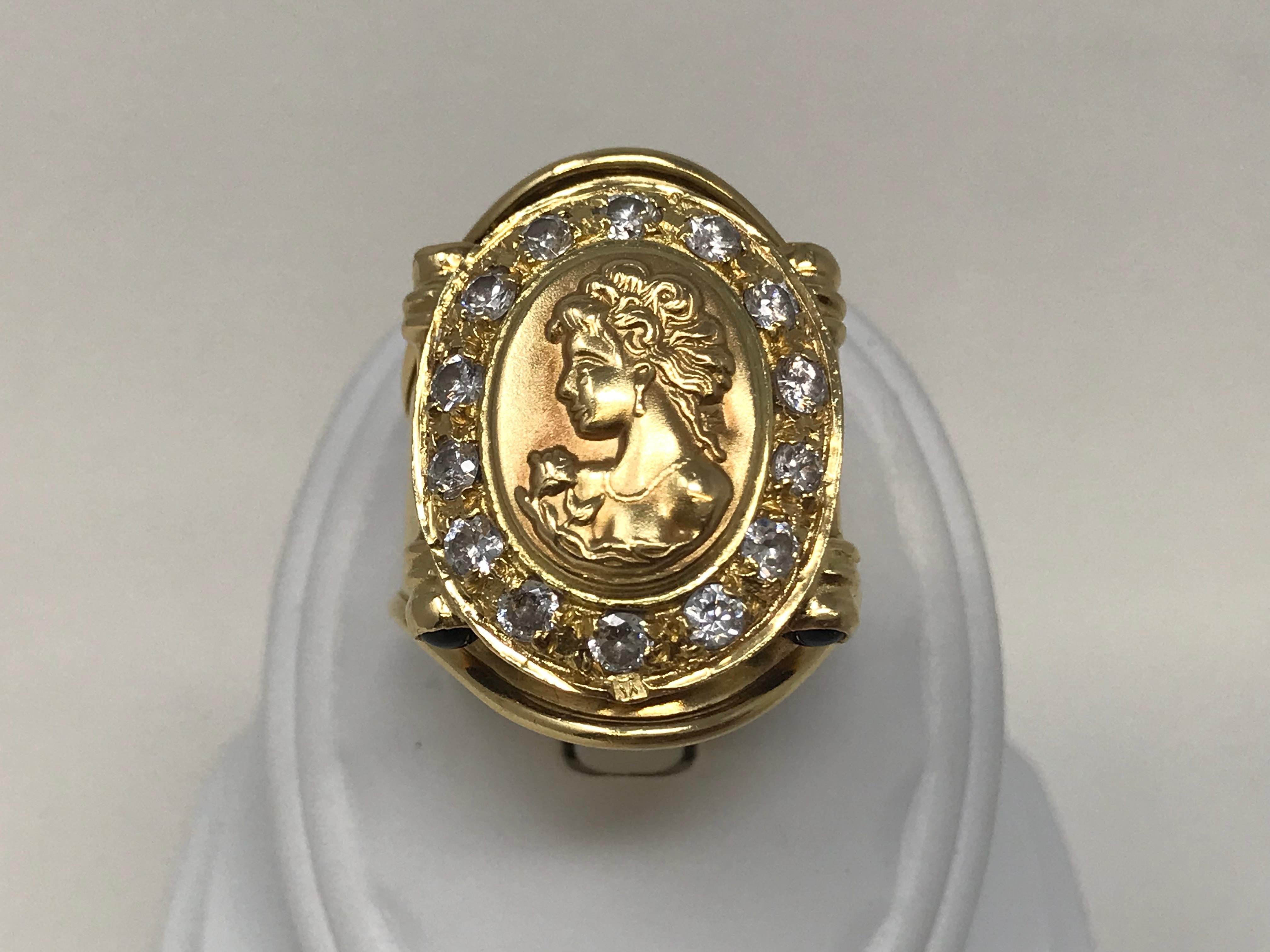 Brilliant Cut 18K Yellow Gold Ring Cameo Woman Head with Stones For Sale