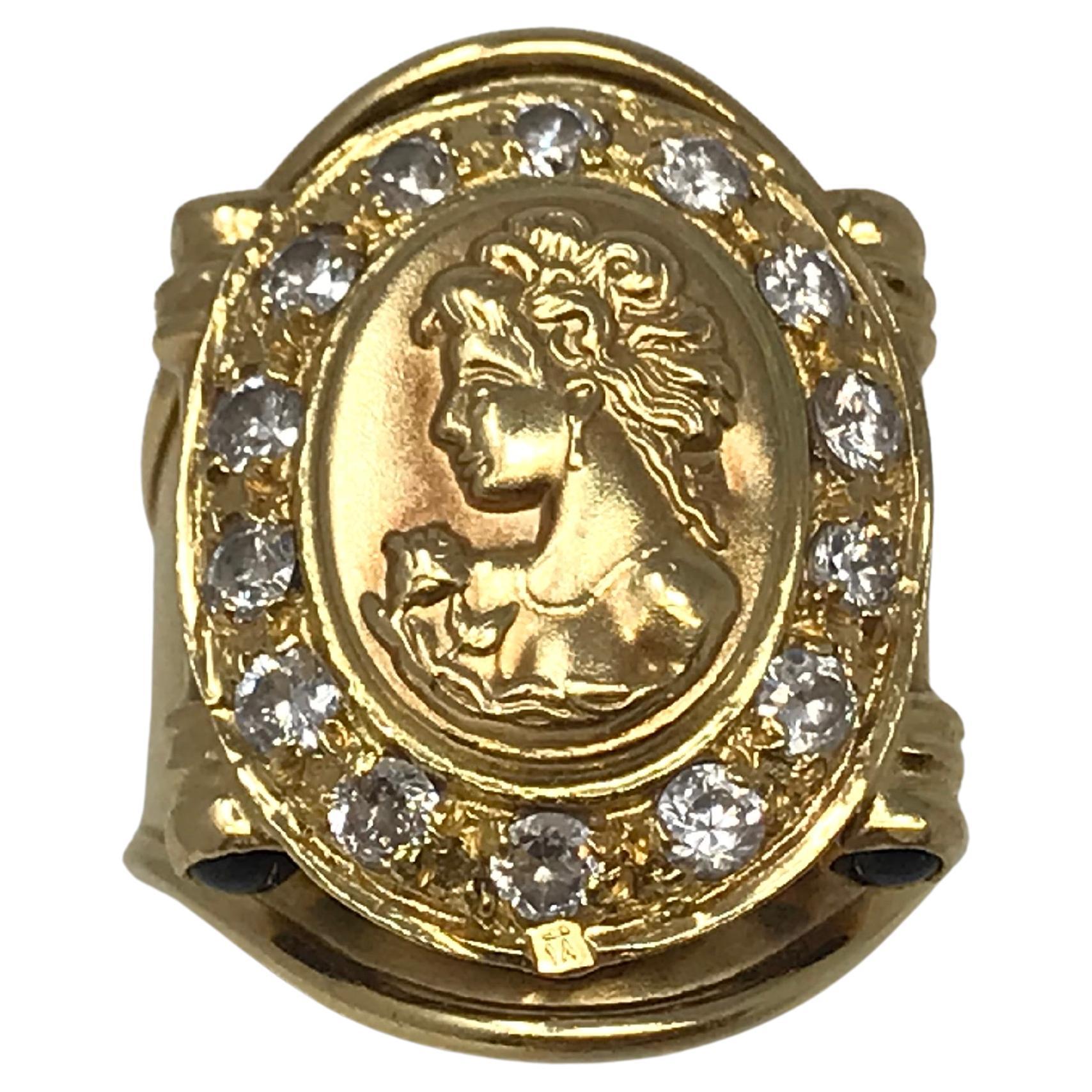 18K Yellow Gold Ring Cameo Woman Head with Stones For Sale