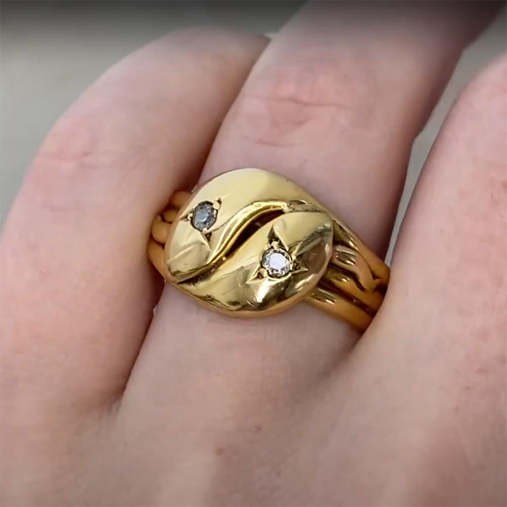 Women's 18k Yellow Gold Ring, Double Snake Head with Prong-Set Diamonds, Circa 1890 For Sale