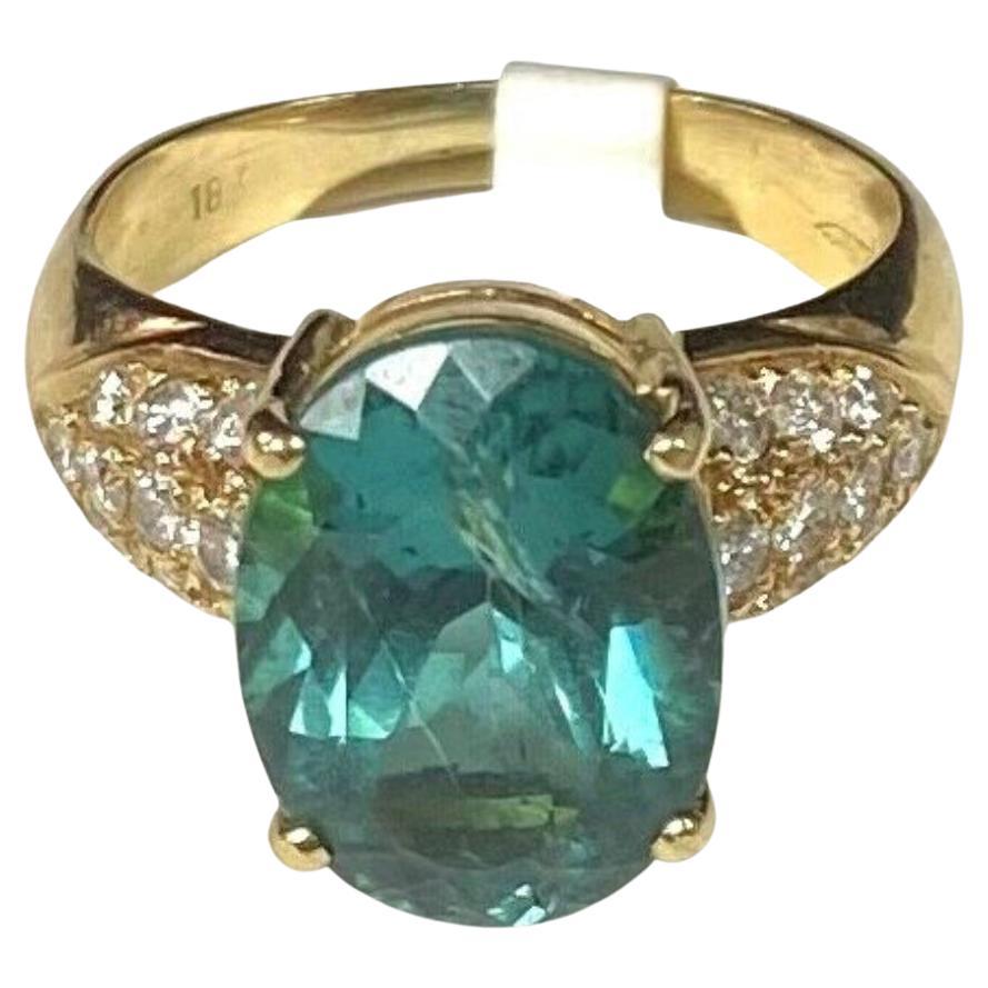 18K Yellow Gold Ring Green Topaz with Melee of Diamonds For Sale