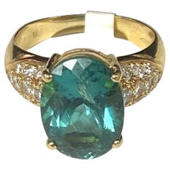 18K Yellow Gold Ring Green Topaz with Melee of Diamonds