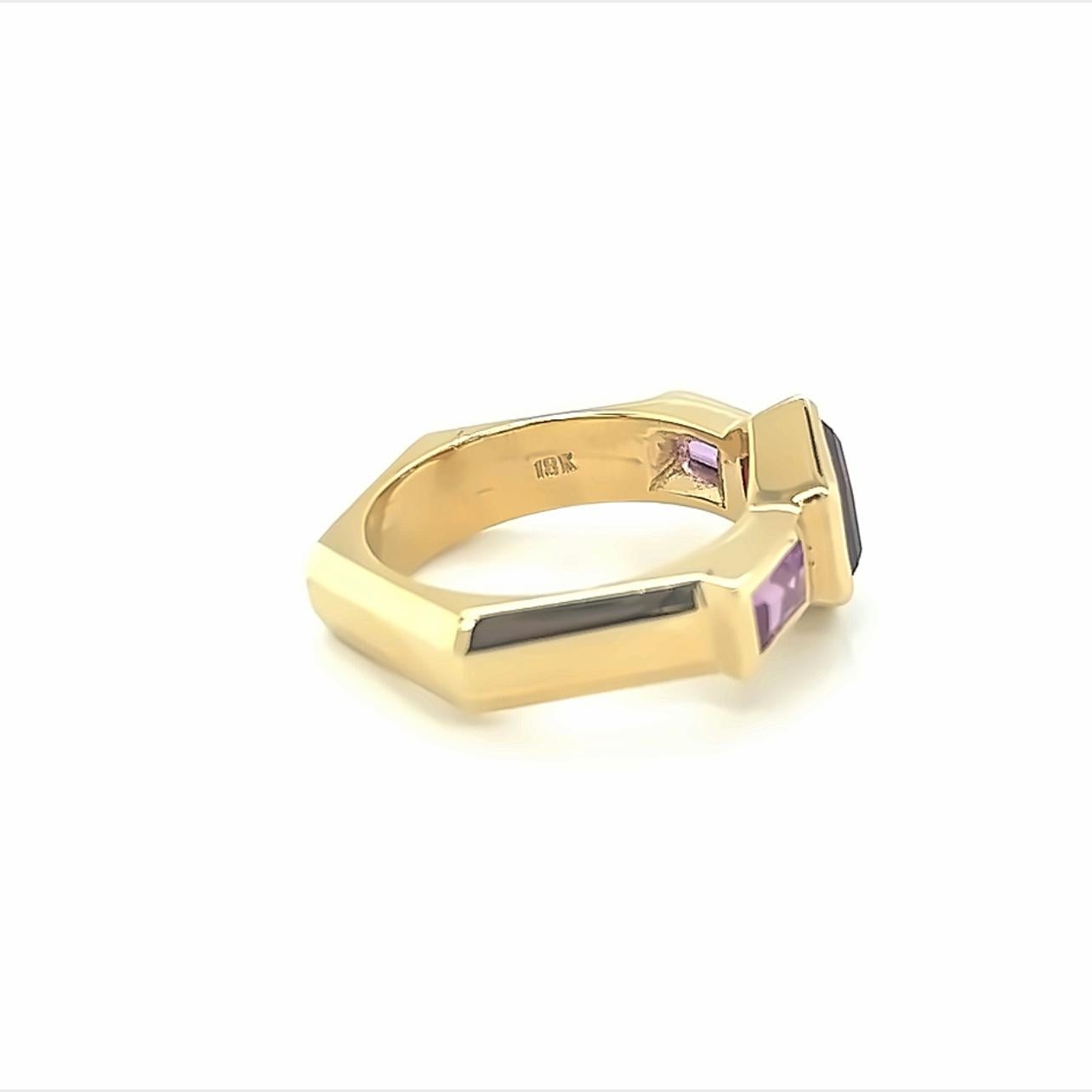 18k Yellow Gold Ring Hexagon Spessartite 'Orange Garnet' and Pink Tourmaline For Sale 2