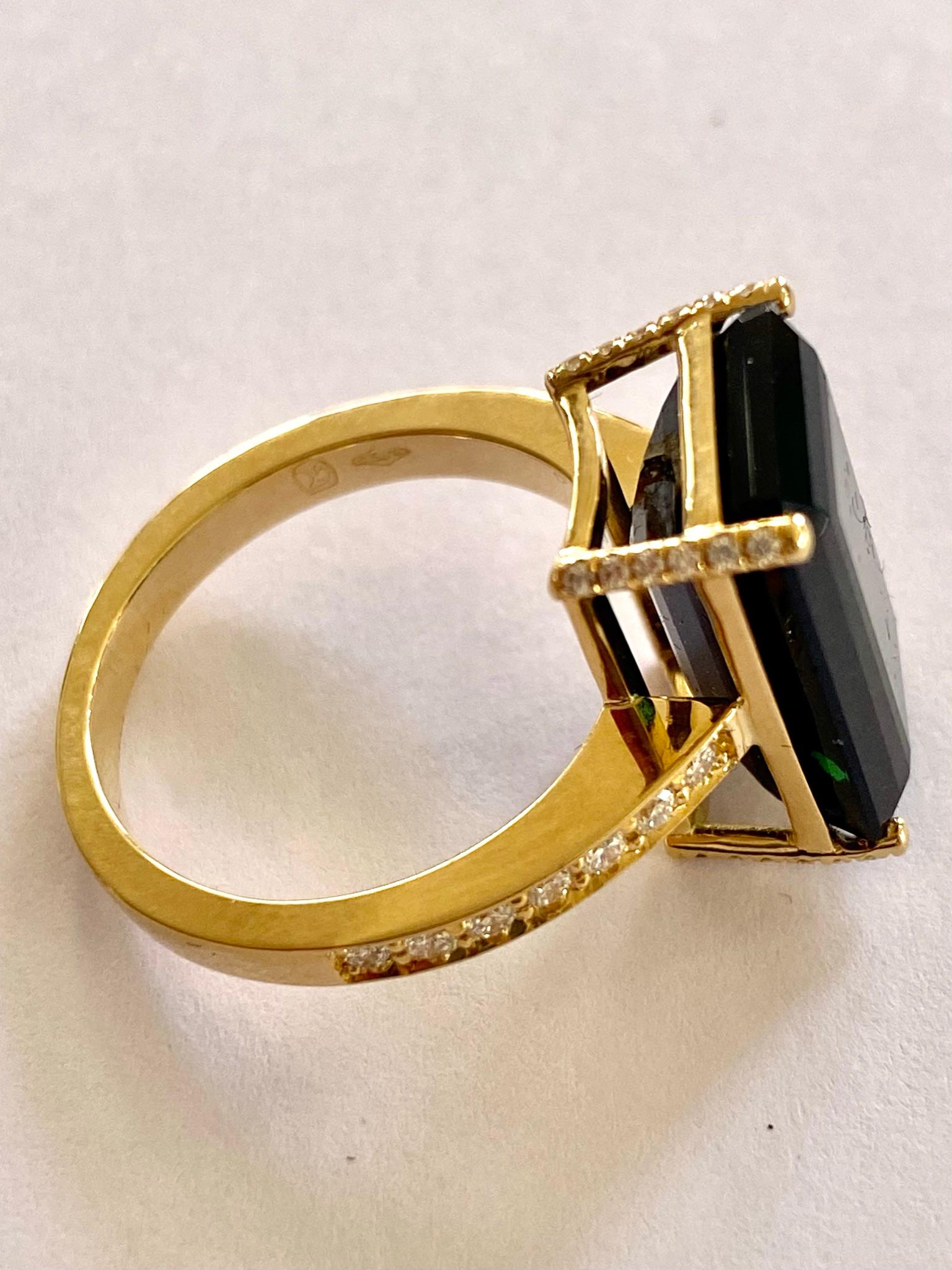Brilliant Cut 18 Karat Yellow Gold Ring One Natural Green Tourmaline and 38 Diamonds, Handmade