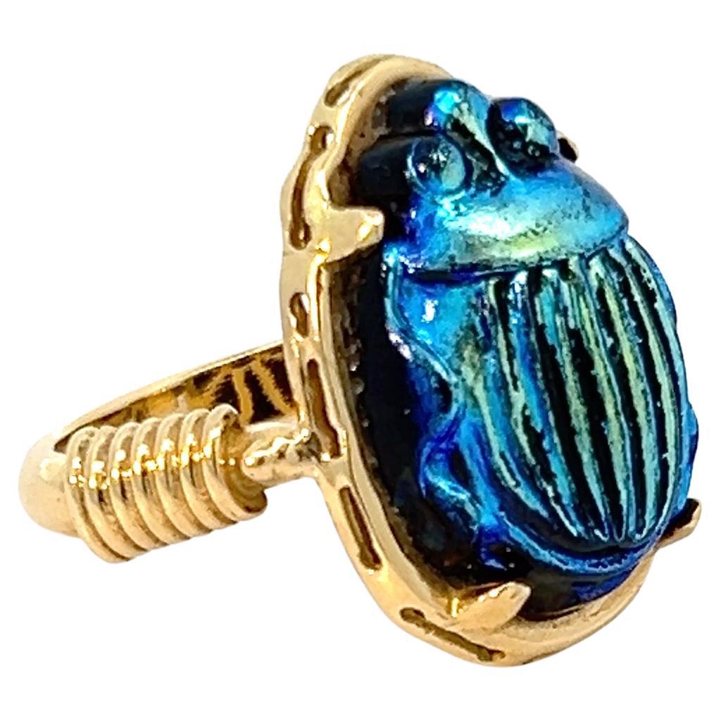 18k Yellow Gold Ring Vintage Tiffany Favrile Cobalt Blue Glass Scarab For Sale