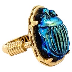 18k Yellow Gold Ring Vintage Tiffany Favrile Cobalt Blue Glass Scarab