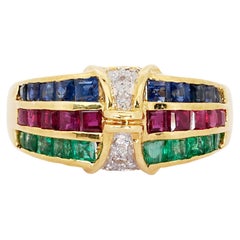 18k Yellow Gold Ring w/ 1.28ct Emeralds, Rubies, Sapphires and Diamonds AIG Cert