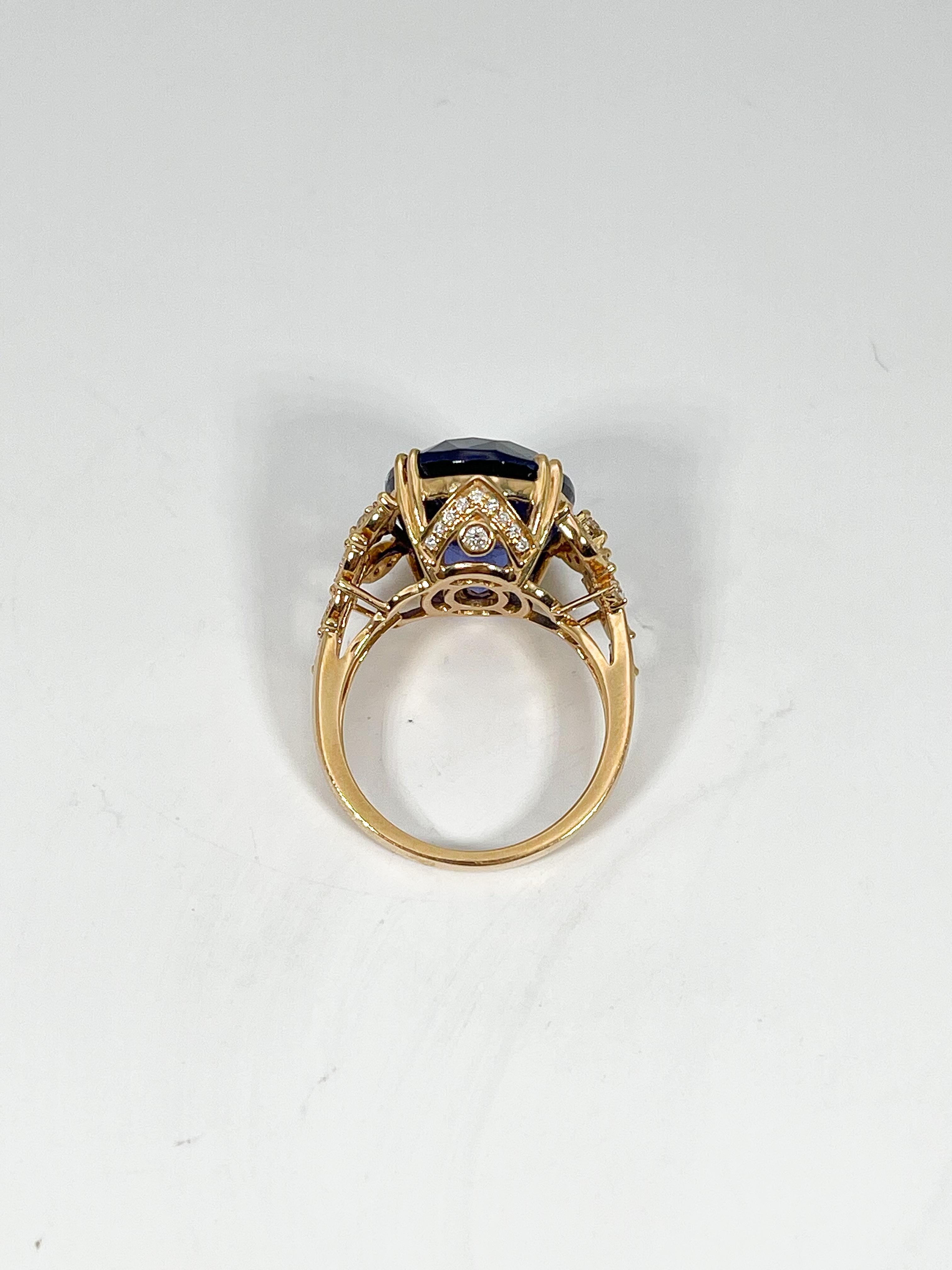 Women's 18K Yellow Gold Ring with 13.94 CT Tanzanite and .28 CTW Diamonds For Sale