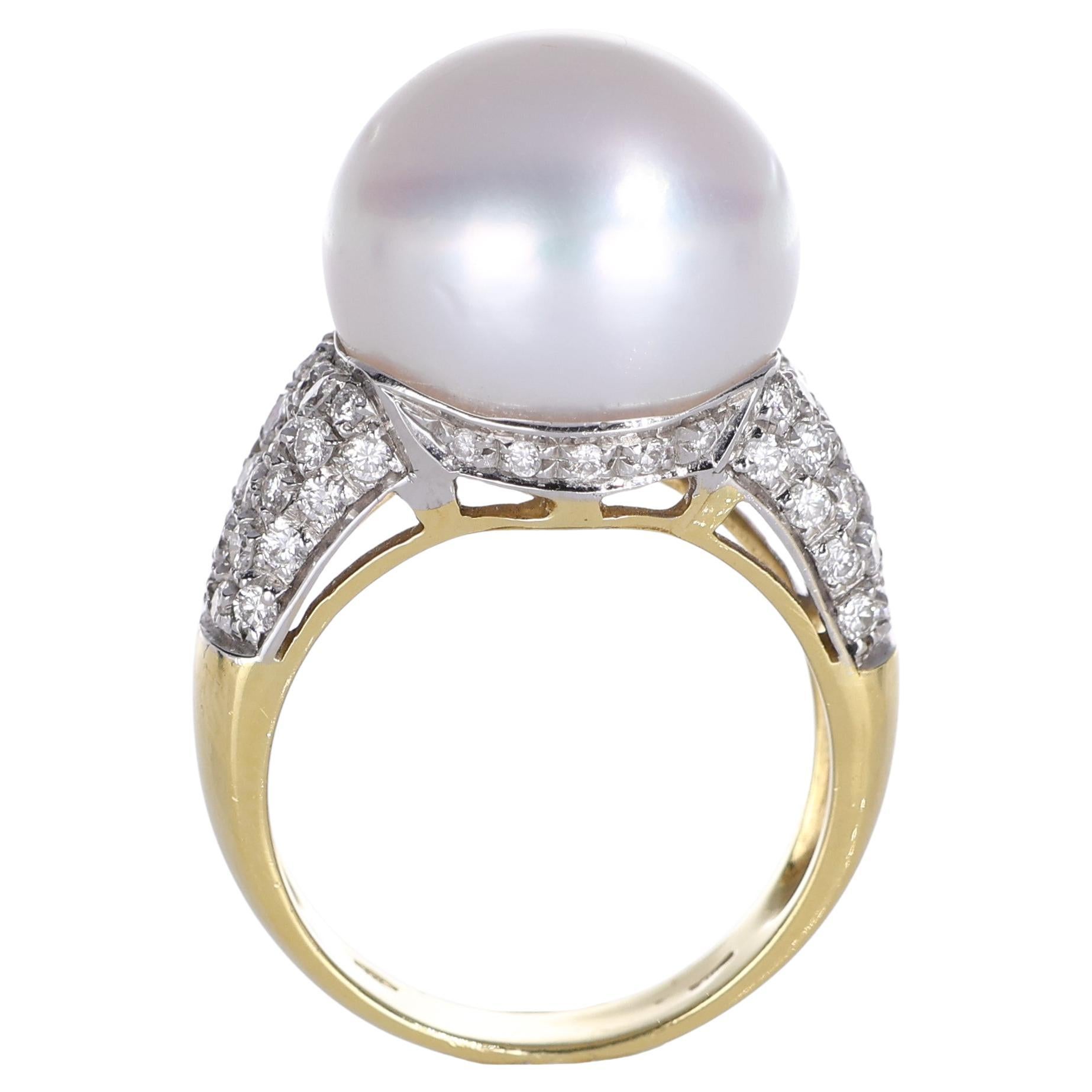18k Yellow Gold Ring with 15mm White Pearl and Pavé Diamonds