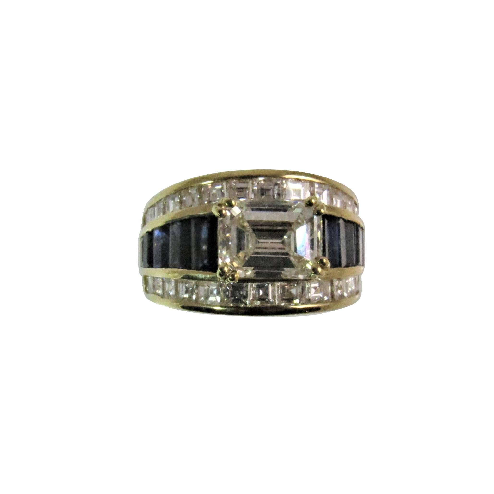 18K Yellow Gold Ring With 1.87ct Emerald Cut Diamond and Diamonds and Sapphires For Sale