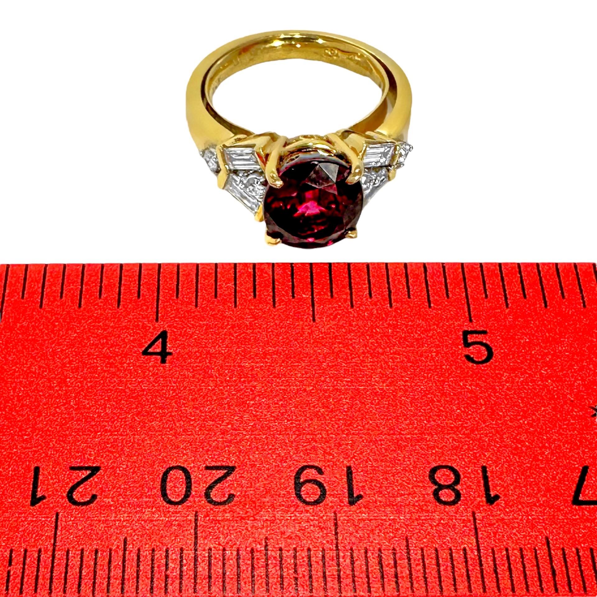 18k Yellow Gold Ring with 4.76ct Red Wine Colored, Oval Shaped Garnet & Diamonds For Sale 5