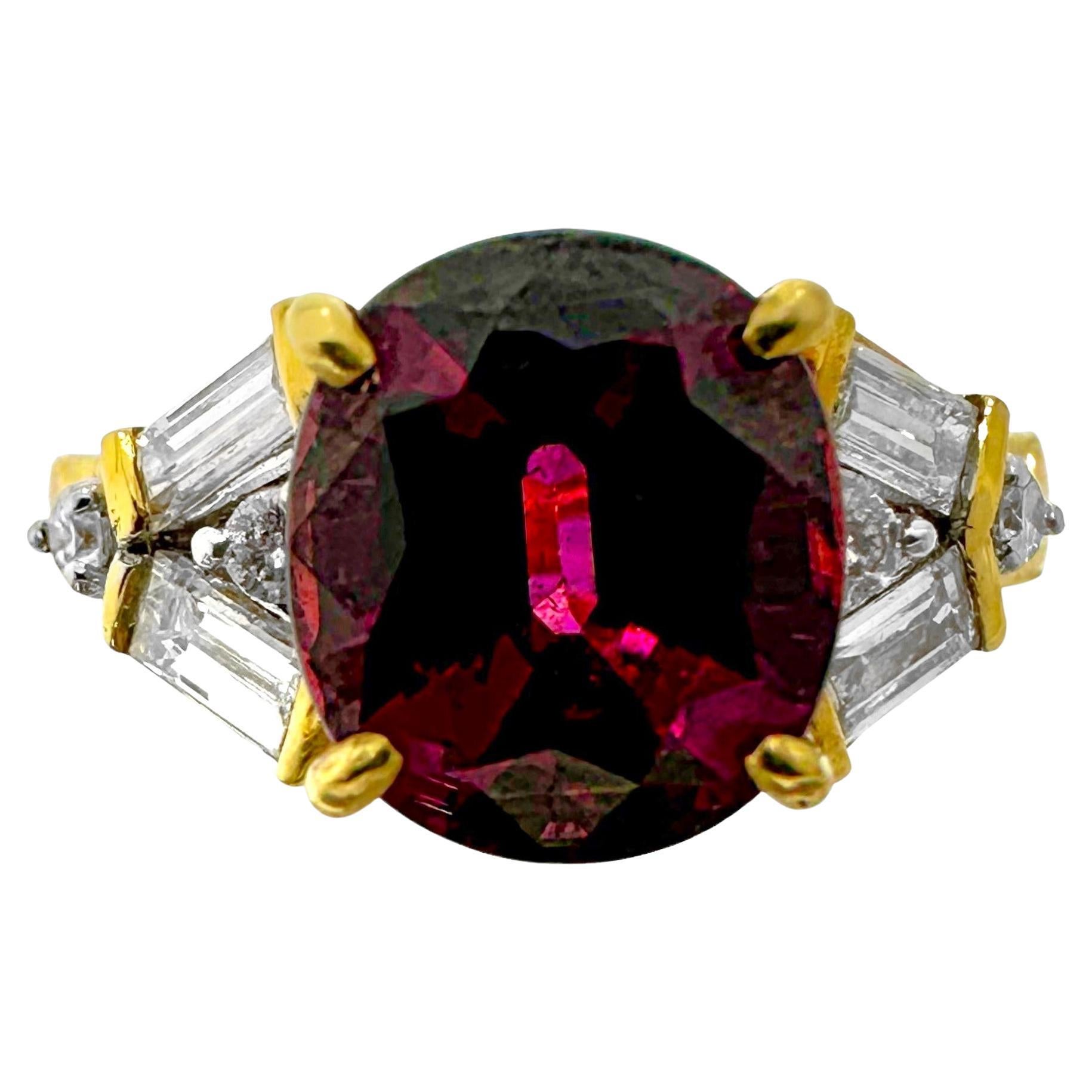 18k Yellow Gold Ring with 4.76ct Red Wine Colored, Oval Shaped Garnet & Diamonds