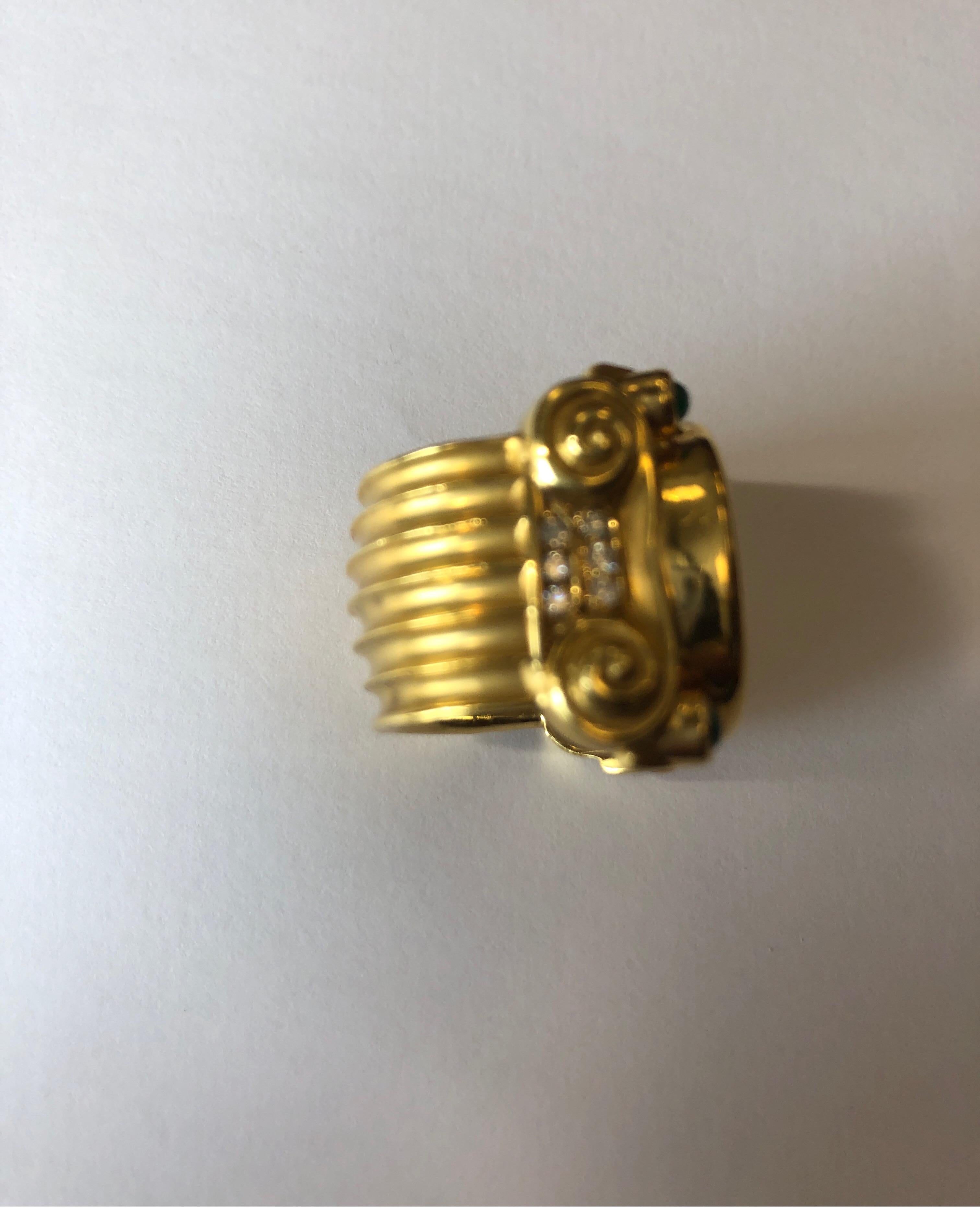 18 Karat Gold Ring with Ancient Silver Roman Coin with Diamonds and Emeralds In New Condition For Sale In Chicago, IL
