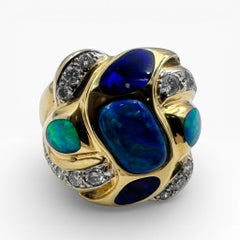 18K Yellow Gold Ring with Australian Opals Lapis and Diamonds. (Size 11.00)