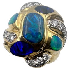 18K Yellow Gold Ring with Australian Opals Lapis and Diamonds. (Size 11.00)