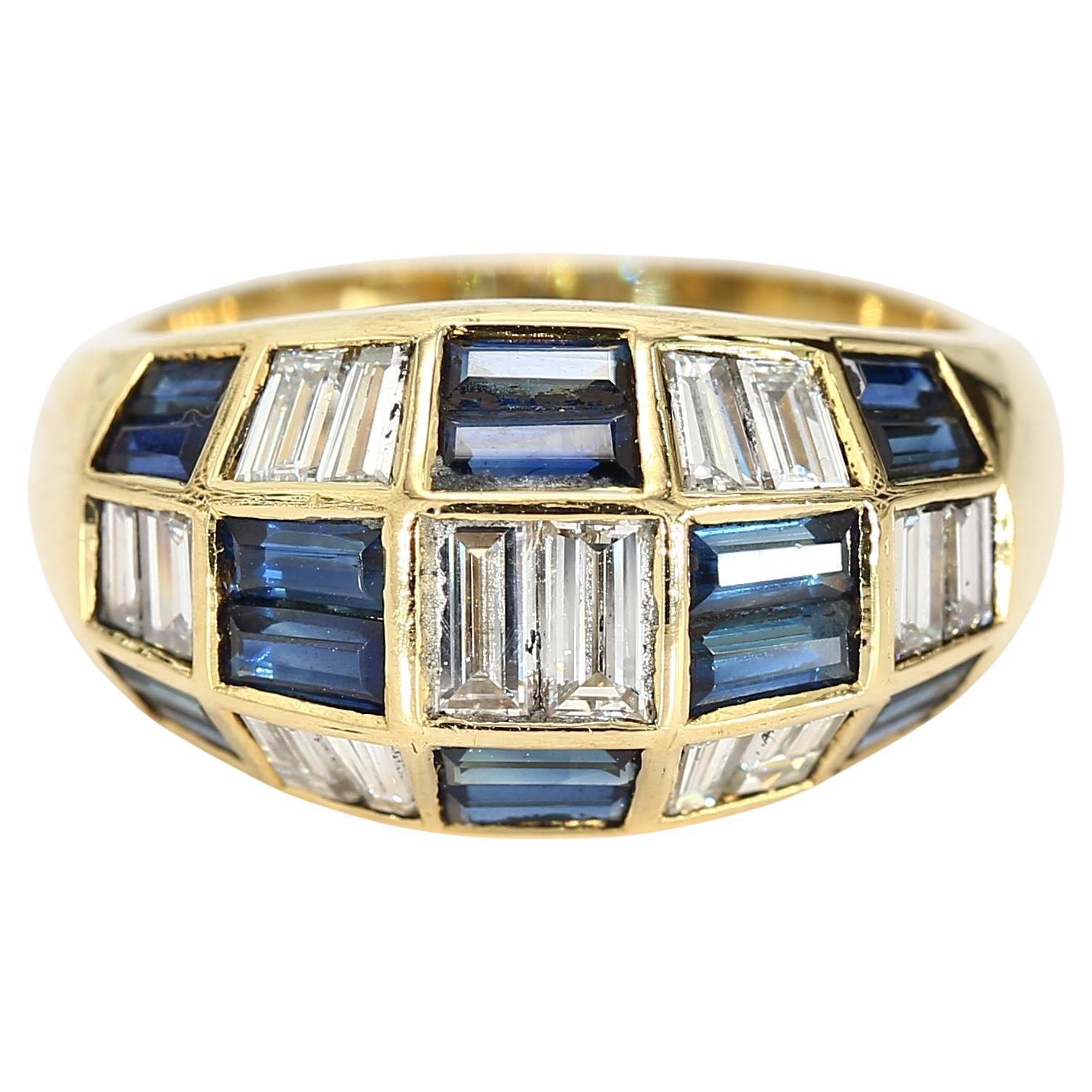 Bague en or jaune 18k avec saphir bleu et diamant en damier baguette - Taille 6