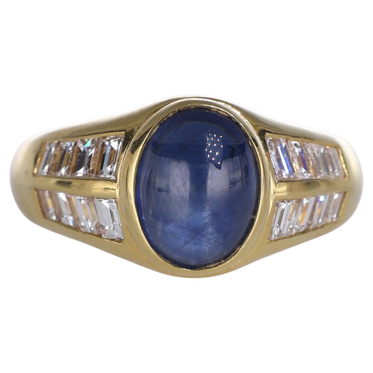 18K Yellow Gold Ring with Cabochon Sapphire and Diamond Baguettes