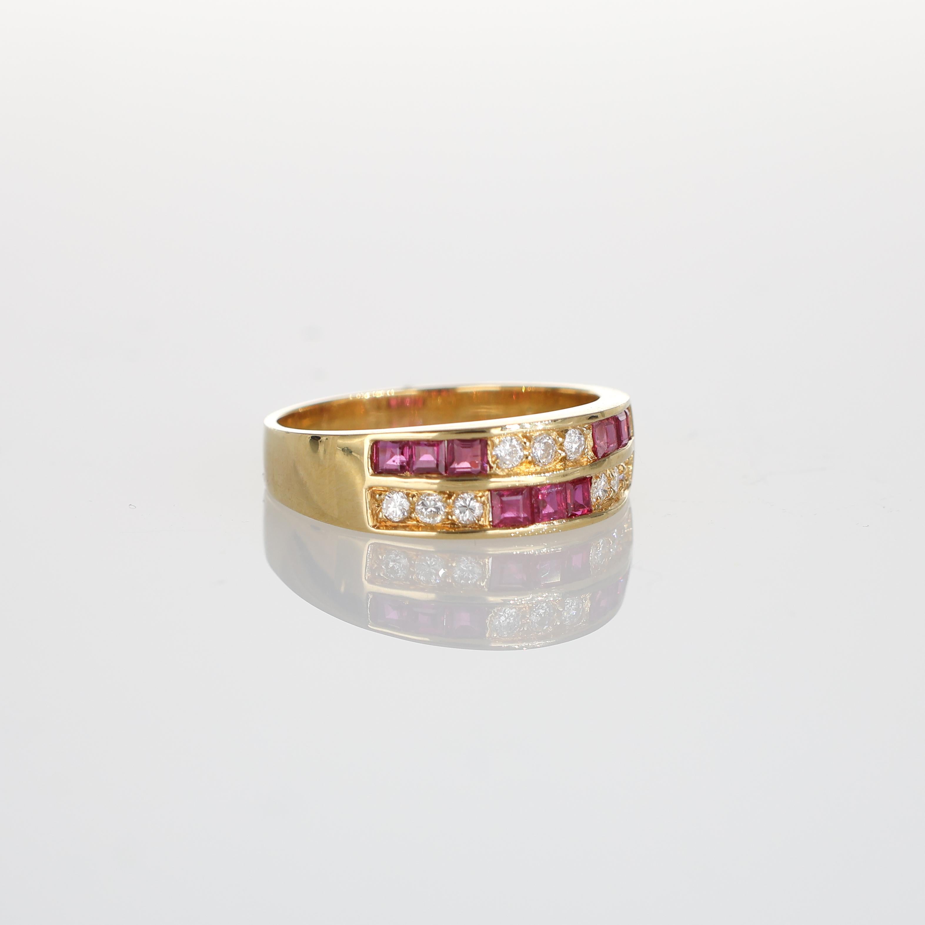 Brilliant Cut 18k Yellow Gold Ring with Carre-Cut Rubies and Checkerboard-Set Diamonds For Sale