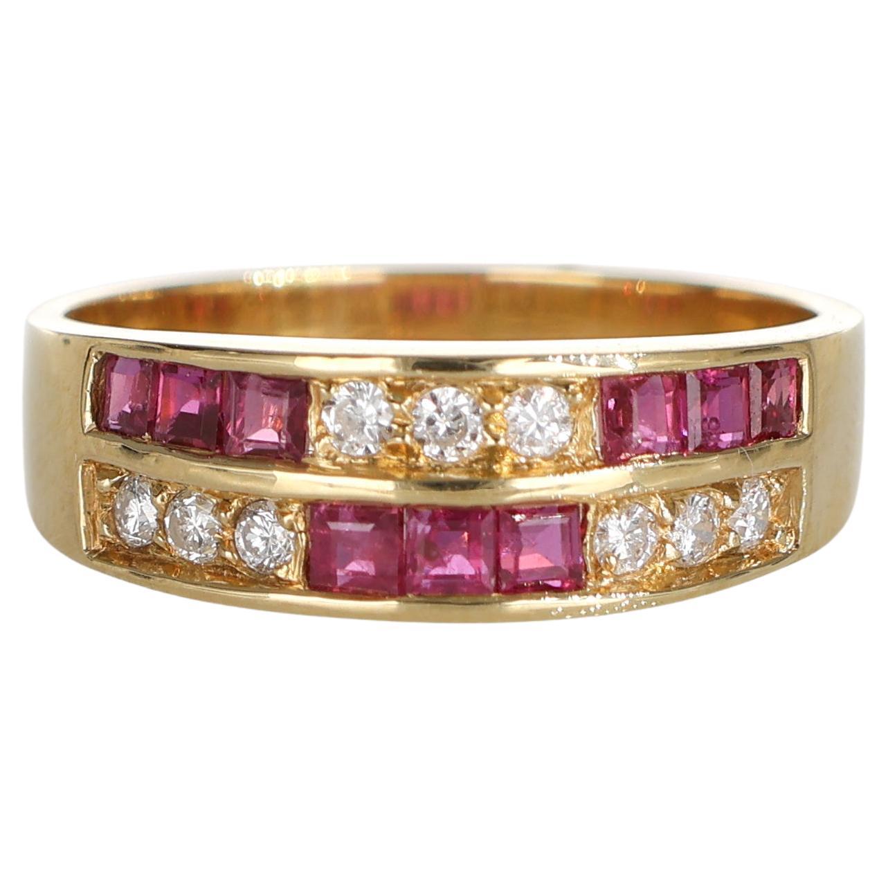 18k Yellow Gold Ring with Carre-Cut Rubies and Checkerboard-Set Diamonds