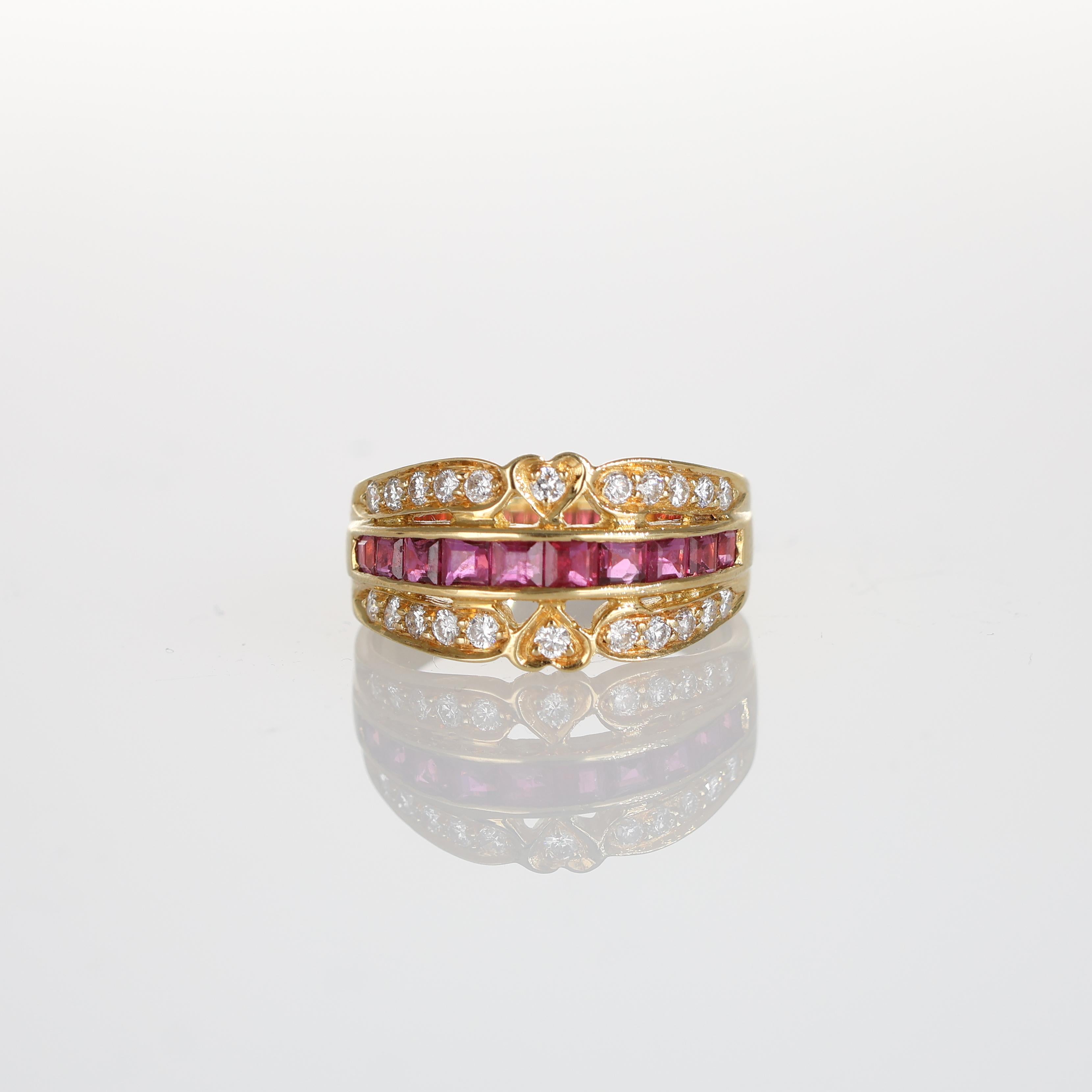 IMPORTANT NOTE:
✔ No additional costs will be added to this order.
✔ Shipping and customs duties are fully covered by us.
--------------------
This elegant 18k yellow gold ring features a central row of vibrant carré-cut rubies flanked by two rows