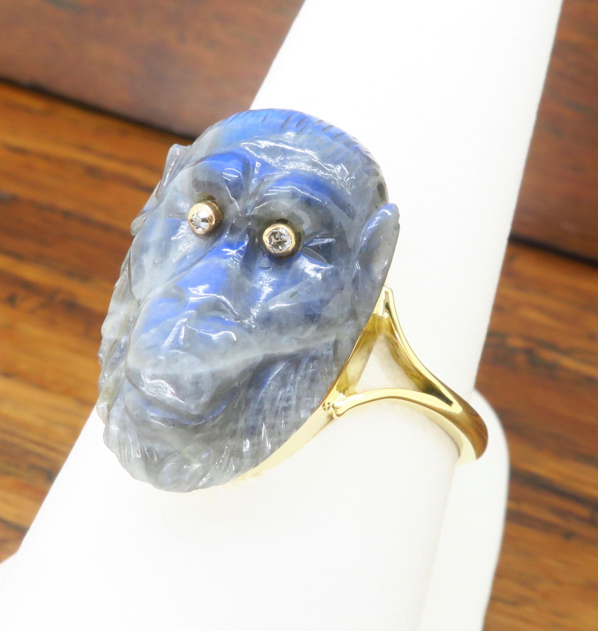 18k Yellow Gold Ring with Carved Labradorite Gorilla with Diamond Eyes 2