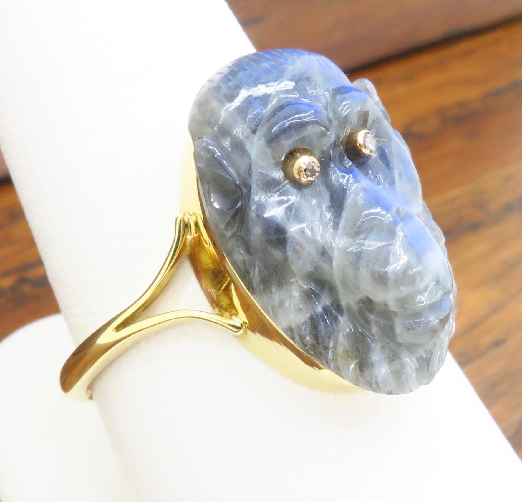 18k Yellow Gold Ring with Carved Labradorite Gorilla with Diamond Eyes 3
