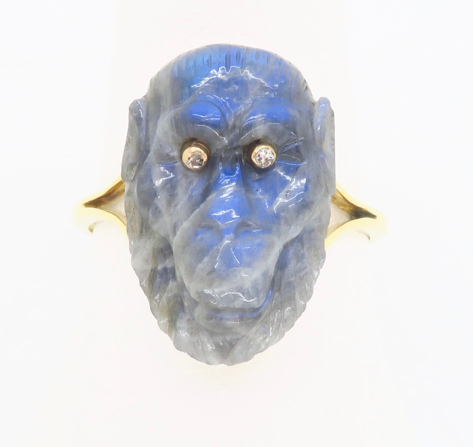 18k Yellow Gold Ring with Carved Labradorite Gorilla with Diamond Eyes 4